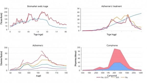 Graphs comparing biomarker levels for recombinant human protein Alzheimer's treatment over age and time.