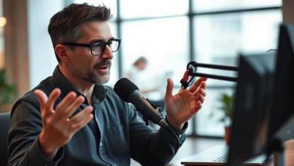 Confident man discussing success and failure in a podcast setting.