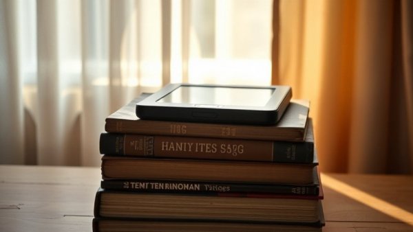 Stack of books with e-reader, sunlight filtering through curtains, Senior Planet Book Club voting.