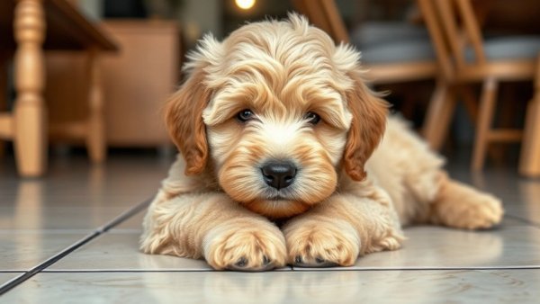 Fluffy golden doodle puppy resting indoors.
