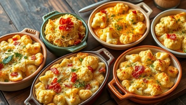 Mouthwatering cauliflower casserole recipes in ceramic dishes.