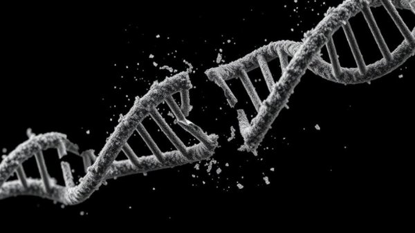 DNA double helix breaking apart, symbolizing DNA instability.