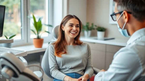 Smiling dental patient discussing with dentist about jawbone cavitations.
