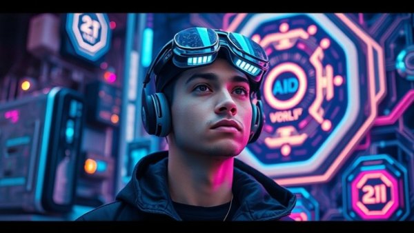 Futuristic scene of a man with AI technology in 2026.