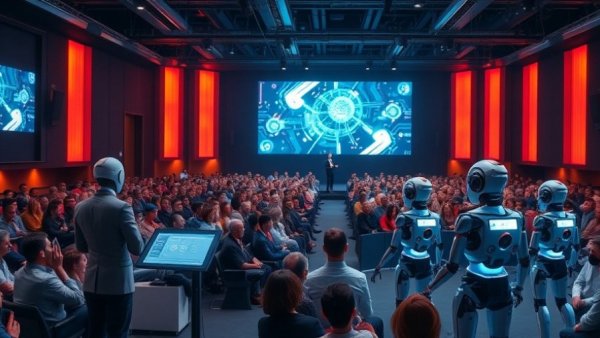 AI Reveals Innovations at CES 2026 with robots and speaker in futuristic setting