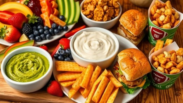 Healthy game day spread with fruits, dips, and sliders in vibrant colors.