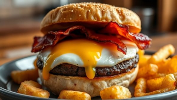 Delicious breakfast burger recipe with dripping egg yolk and bacon.