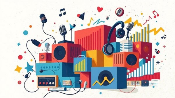 Abstract health news illustration with colorful audio elements.