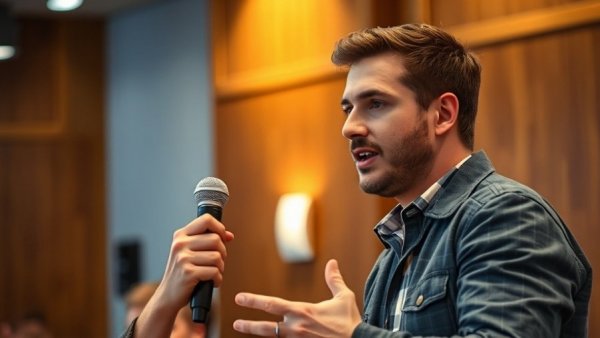 Casual man explaining leadership with a microphone in an indoor setting, Difference Between Boss and Leader.