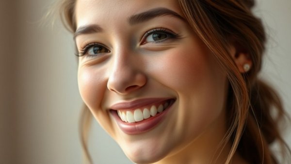 Smiling young woman portrait, neutral background, close-up.