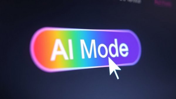 Google AI Mode button with cursor pointer, colorful digital interface.