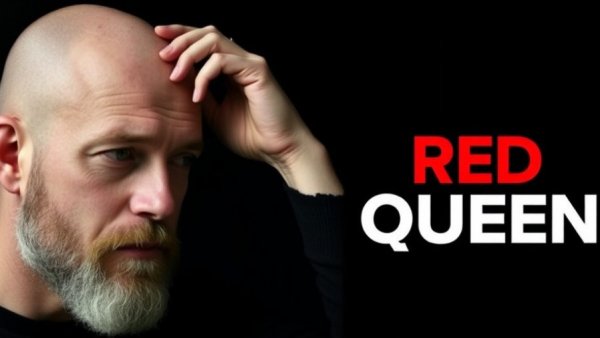 Thoughtful bald man with beard, Red Queen Hypothesis in AI concept, bold text.