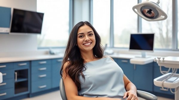 Woman in dental chair smiling confidently in bright office.