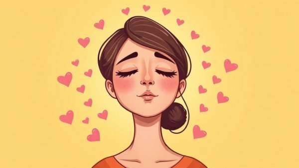 Serene woman breaking free from stress with heart energy, cartoon.