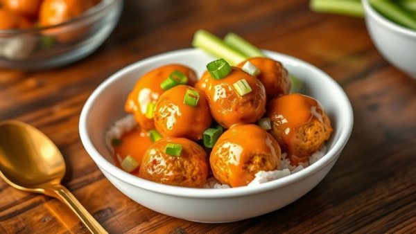 Buffalo chicken meatballs with celery and green onions.