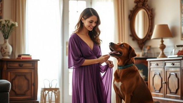 Woman in purple dress feeding dog in home, top fitness posts of 2025.