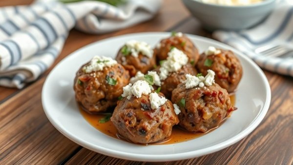 Baked Greek meatballs with feta on a white plate.