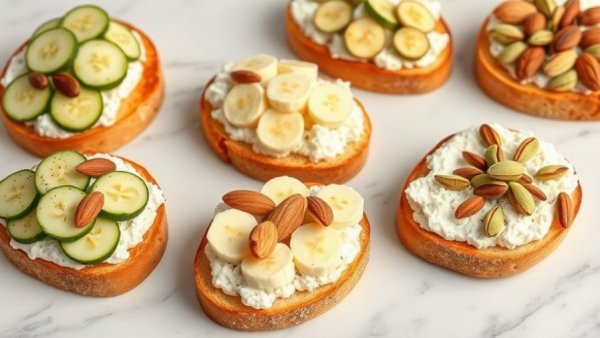 High-protein cottage cheese toast with assorted toppings on marble.