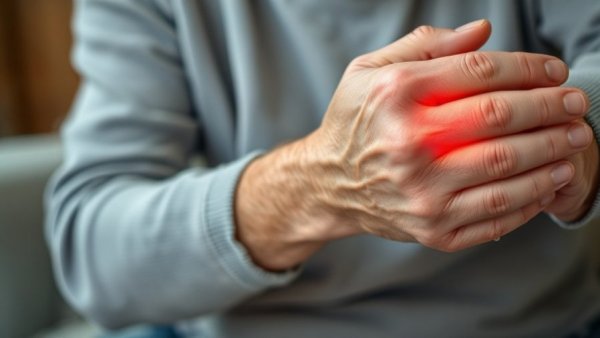 Elderly man gripping wrist in discomfort, highlighting pain.