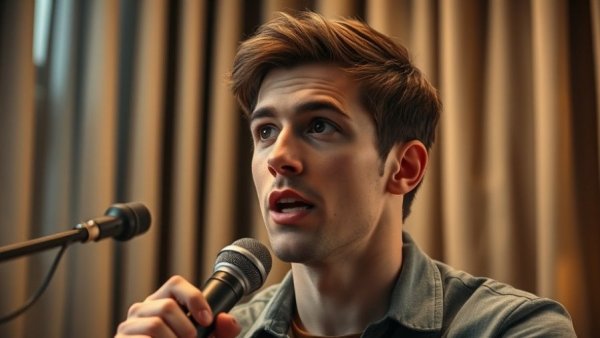 Young man discussing seatbelt safety, cozy setting, warm lighting.