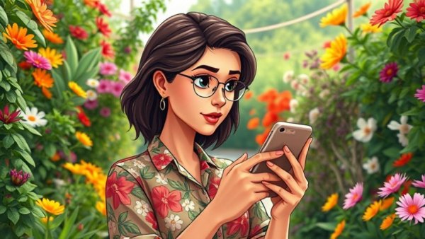 Cartoon of woman experiencing friendship anxiety in a colorful garden.