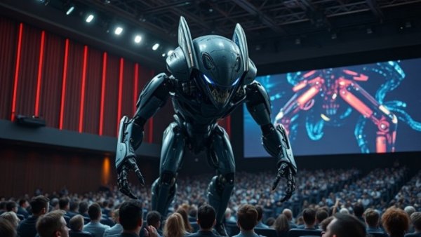 Futuristic tech presentation with robotic creature on screen.