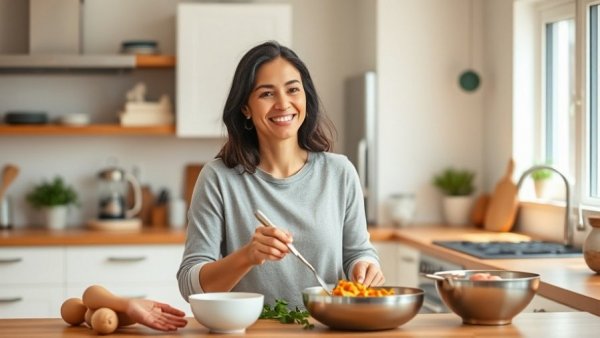 Woman preparing lazy high-protein dinner in kitchen.