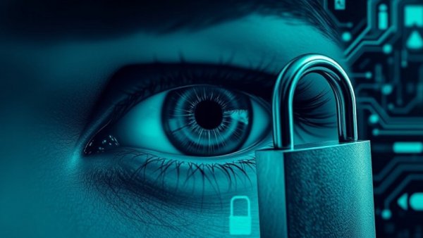 Abstract image of an eye with an open padlock, representing AI’s hacking skills and cybersecurity.