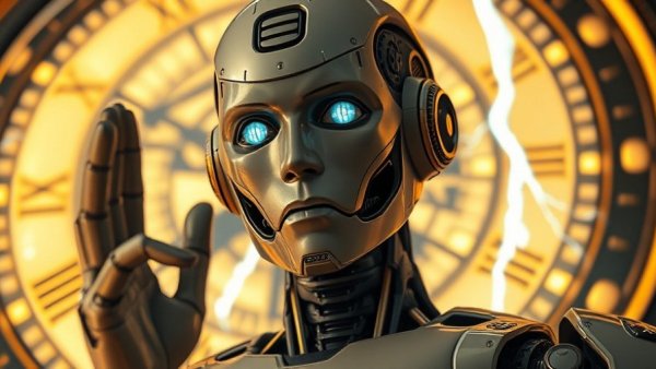 Futuristic humanoid robot with dynamic lightning, AI governance TrustAI.