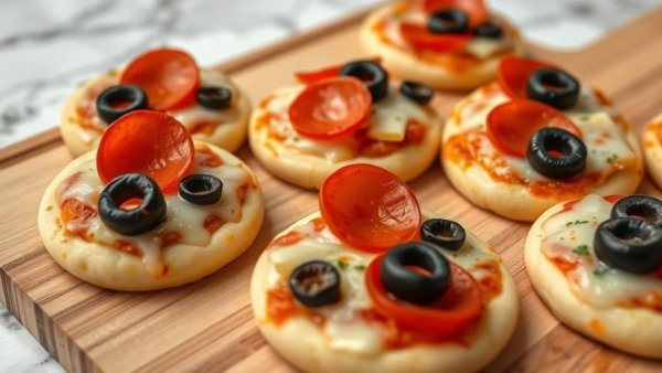 Tasty mini pizza snacks with pepperoni and olives on a board.