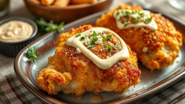 Golden crispy baked mayo parmesan chicken on a platter.