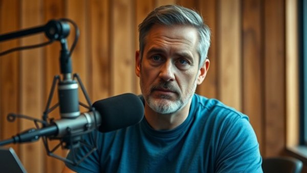 Man discussing snowboarding and business lessons in podcast studio.