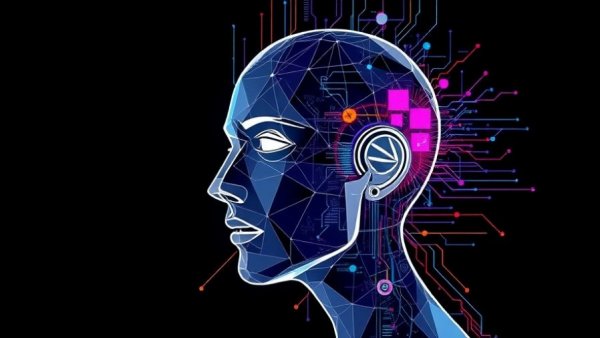 Abstract digital art with human face and geometric patterns in vibrant colors, IBM Sovereign Core.