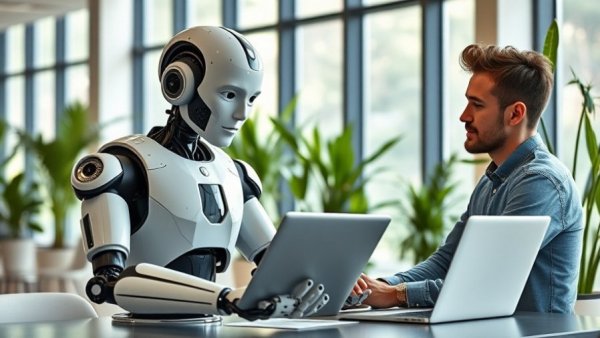 Claude Cowork for Everyone: Humanoid robot and man collaborating on laptop in a modern office.