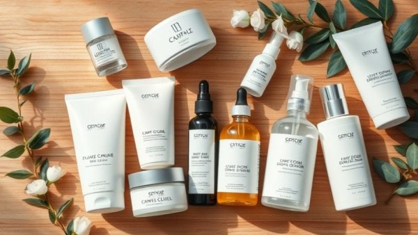 OneSkin review: varied skincare products elegantly arranged on wood.