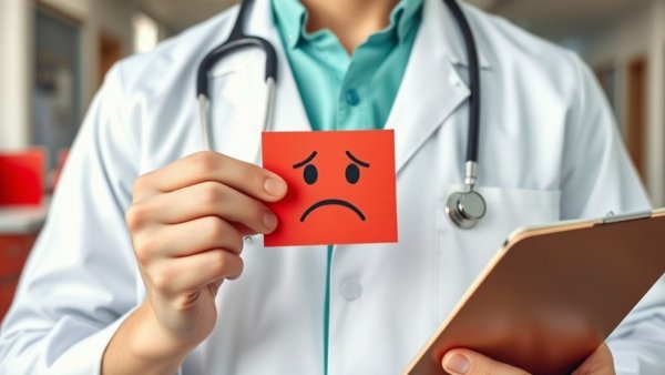 Doctor holding a red sad face cutout inside office.