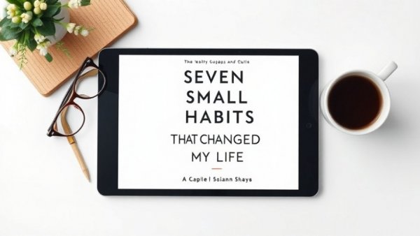 Minimal tablet display with book cover, glasses, coffee