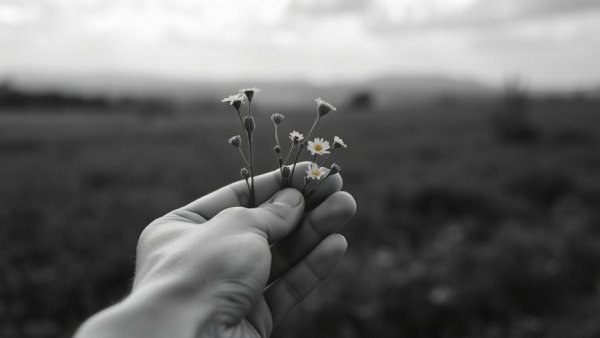 Monochrome hand holding flowers symbolizing 'Feeling Good Enough'.