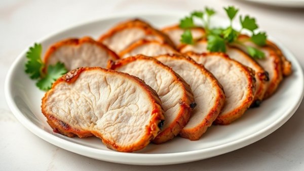 Sliced air fryer pork tenderloin garnished with herbs on a plate.