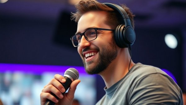 Casual man with headphones discussing Modular Laptops and AI Technology.