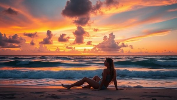 Woman sad on vacation, sitting on beach during sunset.