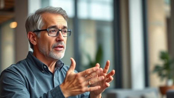 Engaged speaker discusses 'Language Matters in Business' tips indoors.