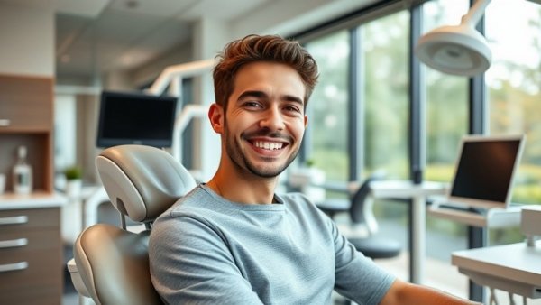Smiling young man at the dentist's office for holistic dental solutions for sleep apnea.
