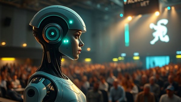 Futuristic android presenting Google Personal Intelligence on stage.