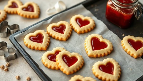 Linzer Cookies with heart-shaped jam centers on baking tray.