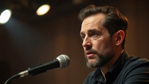 Discussing future of work in AI technology, thoughtful speaker.