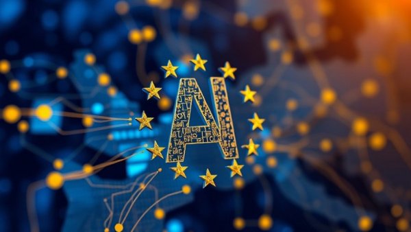 Digital AI and EU symbols representing AI Sovereignty in Europe.