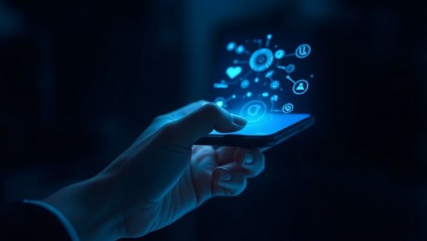 Futuristic AI interface on smartphone representing SEO for AI agents.