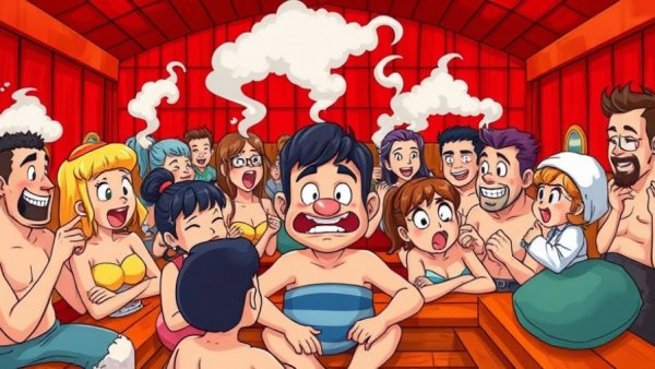 Cartoon of diverse people in a sauna with contrasting activities.