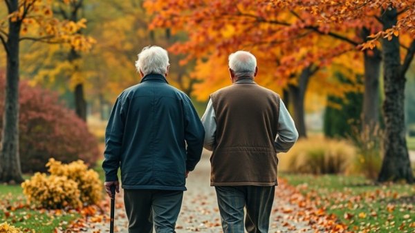 Elderly individuals walking in autumn park.